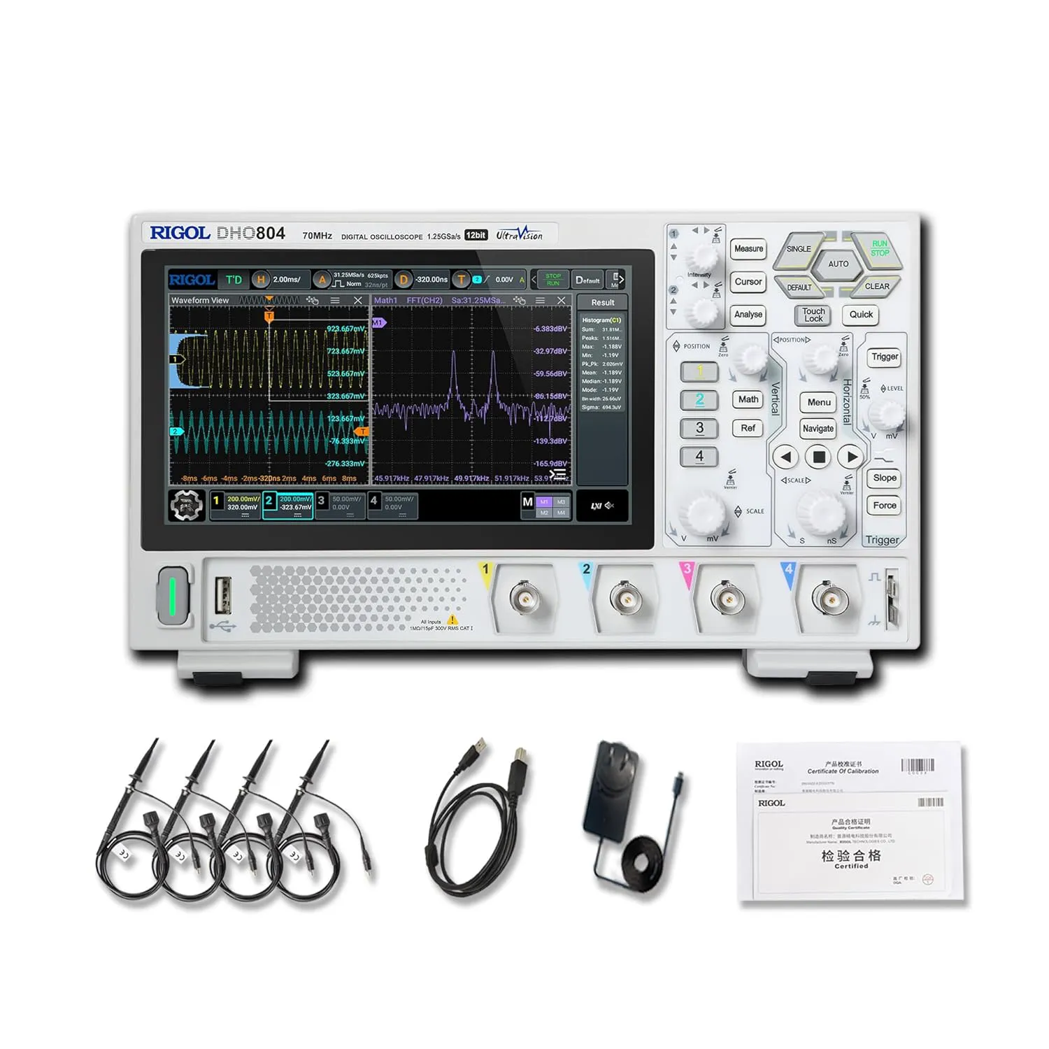Bild von RIGOL DHO804 tragbares digitales Oszilloskop mit 70 MHz Bandbreite, 4 analogen Kanälen und 12 Bit vertikaler Auflösung