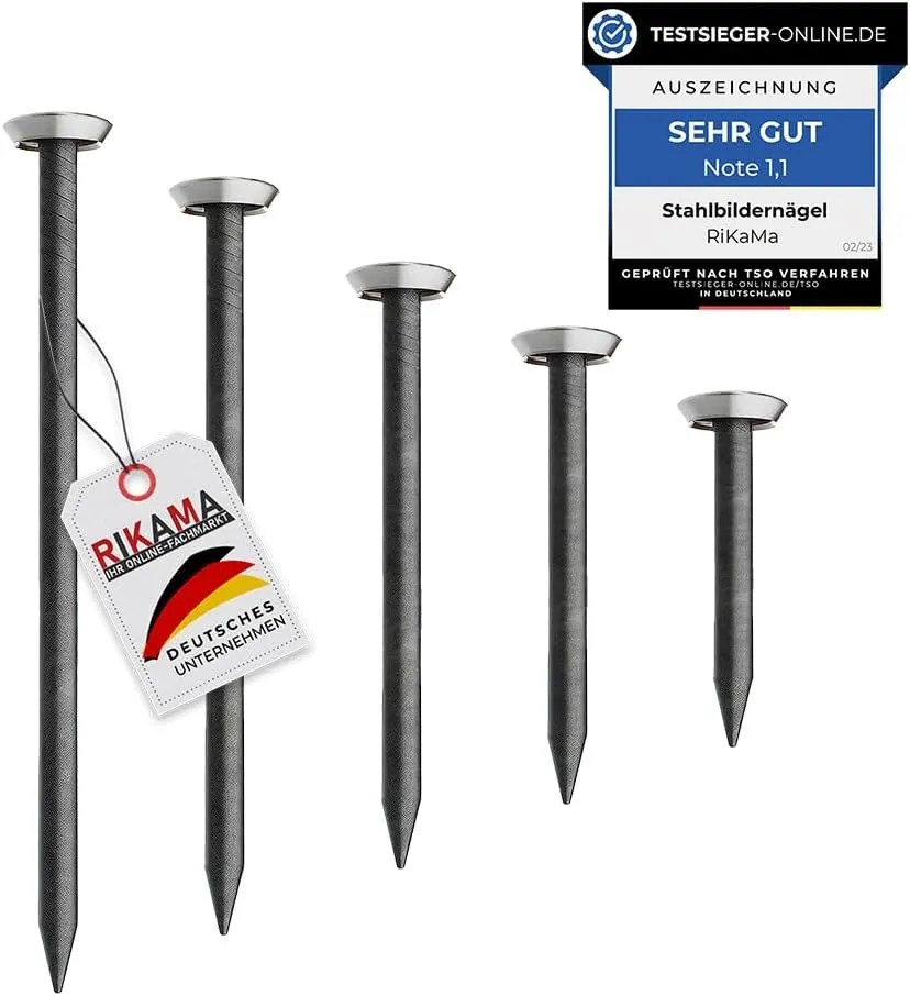 Bild von RIKAMA 50 Bildernägel im Mix mit silbernem Kopf, Größen von 20 mm bis 50 mm, geeignet für Beton, Ziegelstein, Putz und Holz