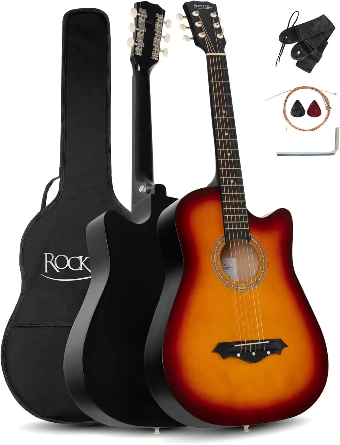 Bild von Rocktile WSD-5C-SB Westerngitarren Set mit Dreadnought Akustik Gitarre, Linde Korpus, Catalpa Hals, Tasche, Ersatzsaiten, Gurt und Plektren in Sunburst