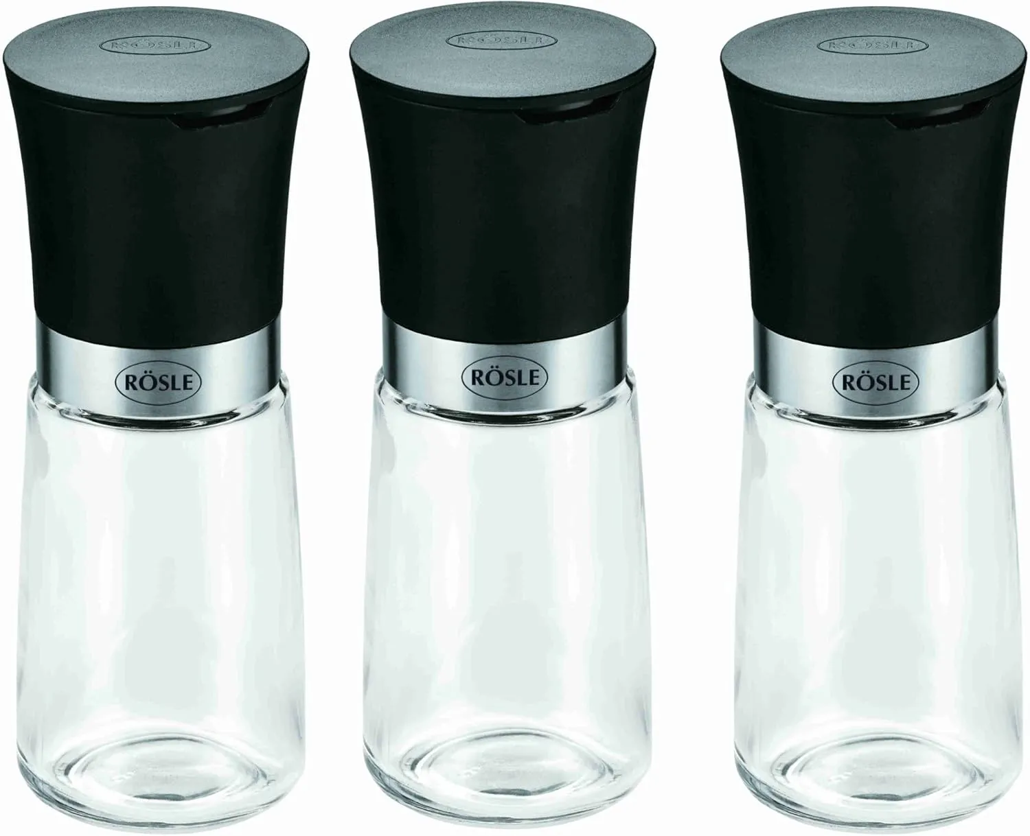 Bild von RÖSLE 3-teiliges Gewürzmühlen-Set mit Keramikmahlwerk und Glasbehältern, 14 cm, transparent und schwarz