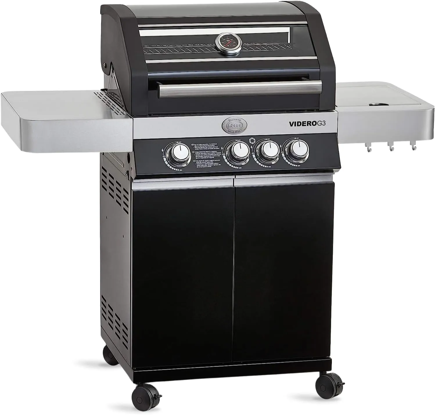 Bild von RÖSLE VIDERO G3 Gasgrill in Schwarz mit drei Hauptbrennern, einem Seitenbrenner, Glaseinsatzdeckel, Thermometer und beleuchteten Drehknöpfen