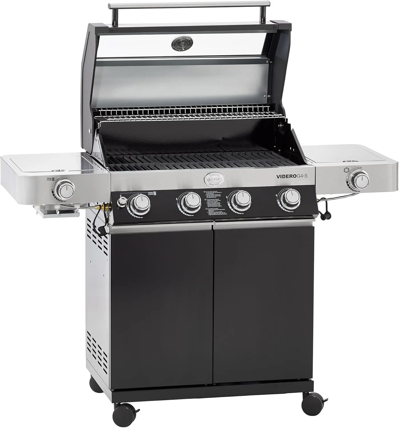 Bild von RÖSLE VIDERO G4-S Gasgrill in Schwarz mit 4 Edelstahlbrennern, Primezone, Seitenbrenner und klappbaren Seitentischen