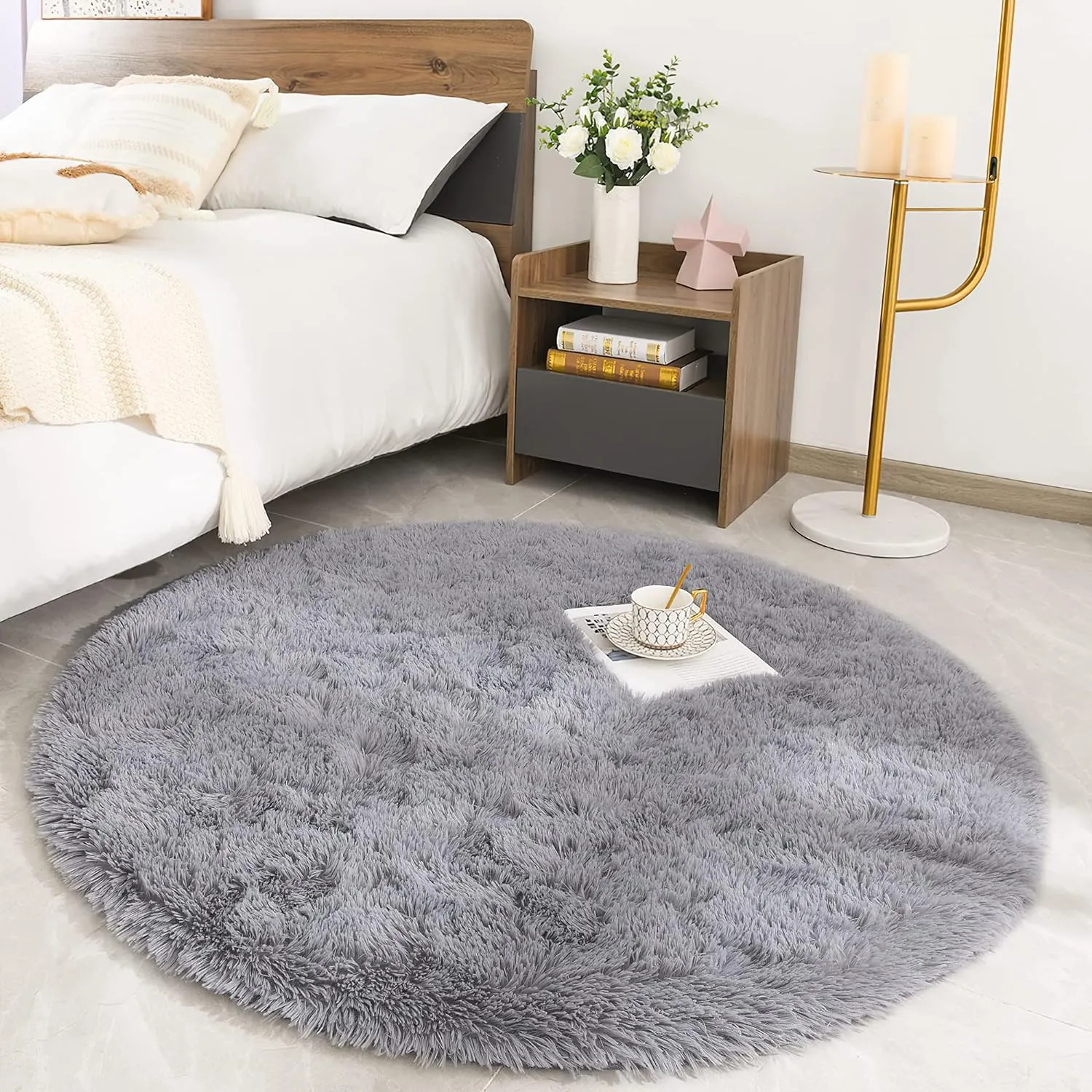 Bild von ROHATIM Hochflor Teppich grau rund mit 120 cm Durchmesser für Wohnzimmer und Schlafzimmer