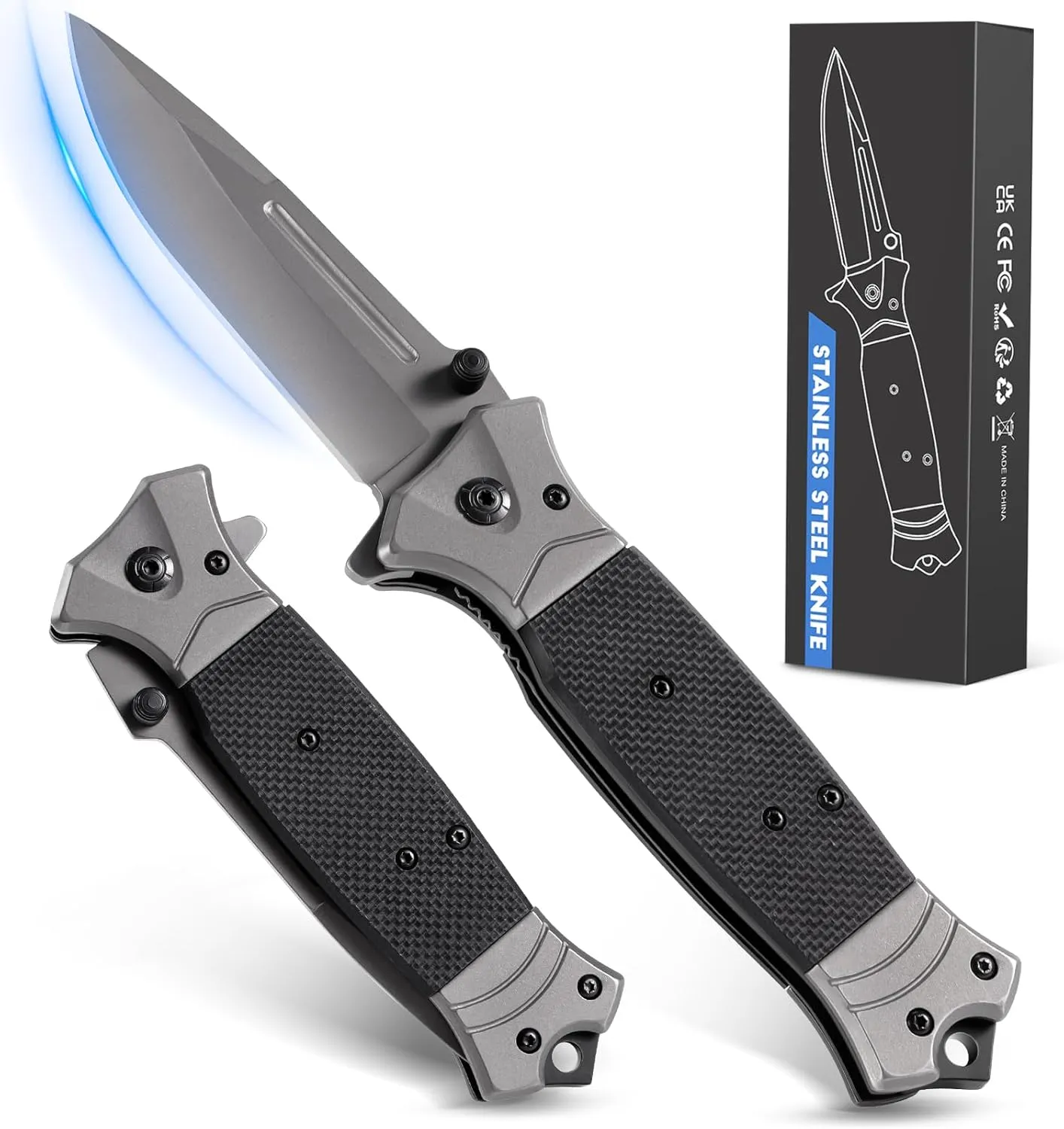 Bild von Rolgno Taschenmesser aus 3Cr13 Edelstahl mit Taschenclip und Liner-Lock, Einhandmesser mit Glasbrecher für Outdoor und Camping