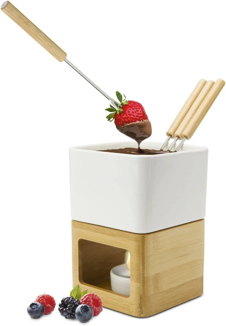 Bild von ROMINOX Schokoladenfondue Set mit Topf, Stövchen, Teelichthalterung und 4 Piksern in Grautönen, auch für Käse- und Fleischfondue, Maße ca. 11 x 11 x 15 cm
