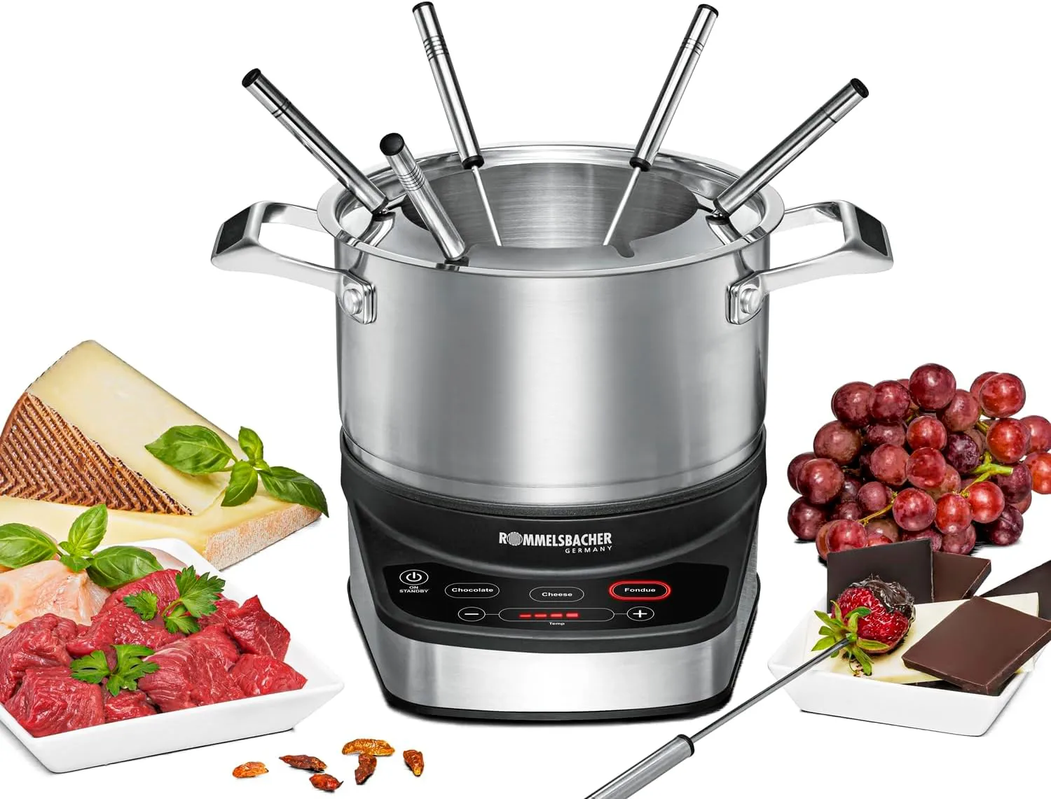Bild von ROMMELSBACHER F 1200 Elektro Fondue Set mit 2,5 Liter Edelstahltopf, 6 Fonduegabeln und 1200 Watt Leistung
