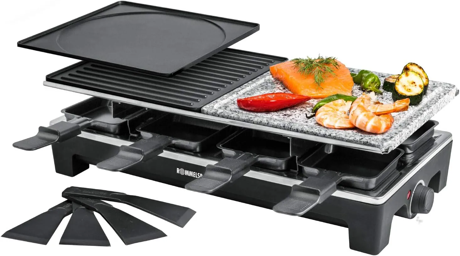 Bild von ROMMELSBACHER Raclette Grill RCS mit 2 Wendegrillplatten, 1 Steingrillplatte, 8 Pfännchen und 8 Schabern, 1350 Watt, stufenlose Temperaturregelung, in Schwarz und Edelstahl