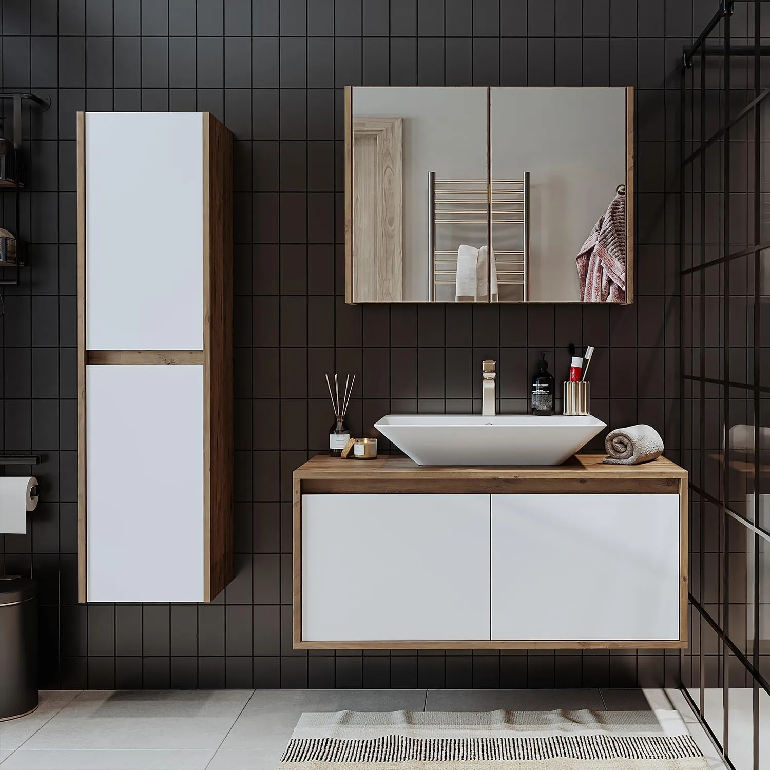 Bild von ROOMART Atlantic Badezimmermöbel Komplettset mit 4 Teilen in Weiß Eiche, inklusive 100 cm Unterschrank mit Keramikwaschbecken, Spiegelschrank und Hochschrank