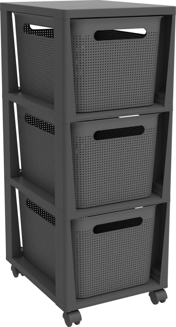 Bild von Rotho Brisen Rollcontainer mit 3 Schubladen aus recyceltem Kunststoff in Anthrazit, 3x16 Liter, Maße 36,6 x 30 x 77 cm