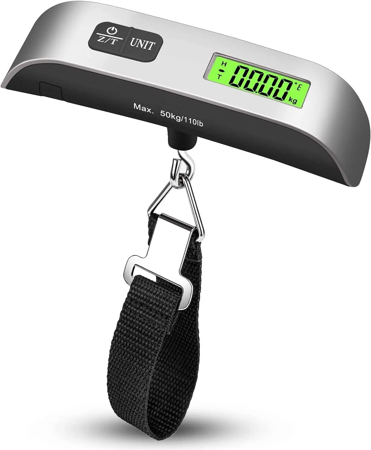 Bild von ROTOPATA digitale Kofferwaage mit Haken und LCD Anzeige, max 50 kg, mit Temperatursensor, in Silber