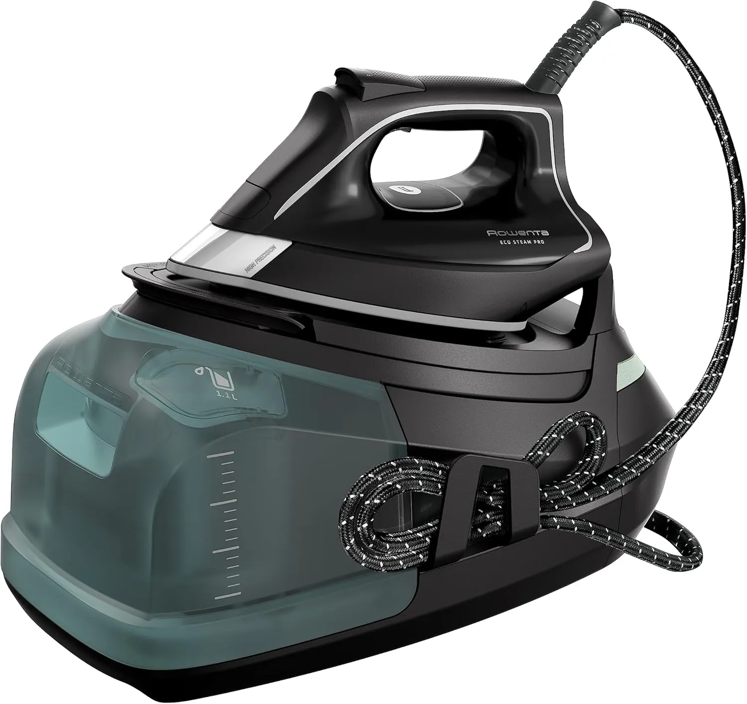 Bild von Rowenta DG9610 Eco Steam Pro Dampfbügelstation mit 2800 Watt, 7,6 Bar Dampfdruck und 1,1 Liter Wassertank in Schwarz und Eukalyptusdesign