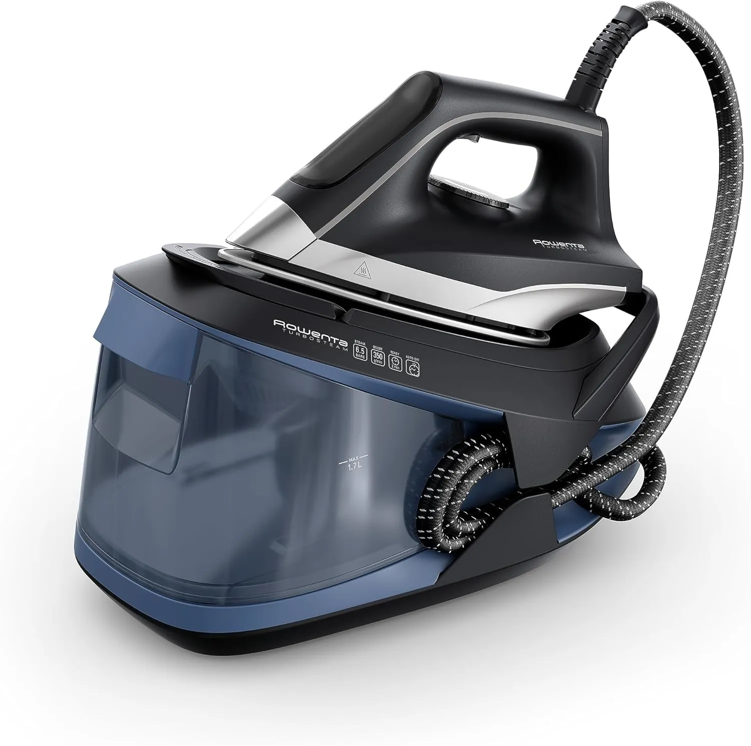 Bild von Rowenta VR8325 Dampfbügelstation mit 2600 Watt, 1,7 Litern Wassertank und Antikalk-System in Schwarz und Blau