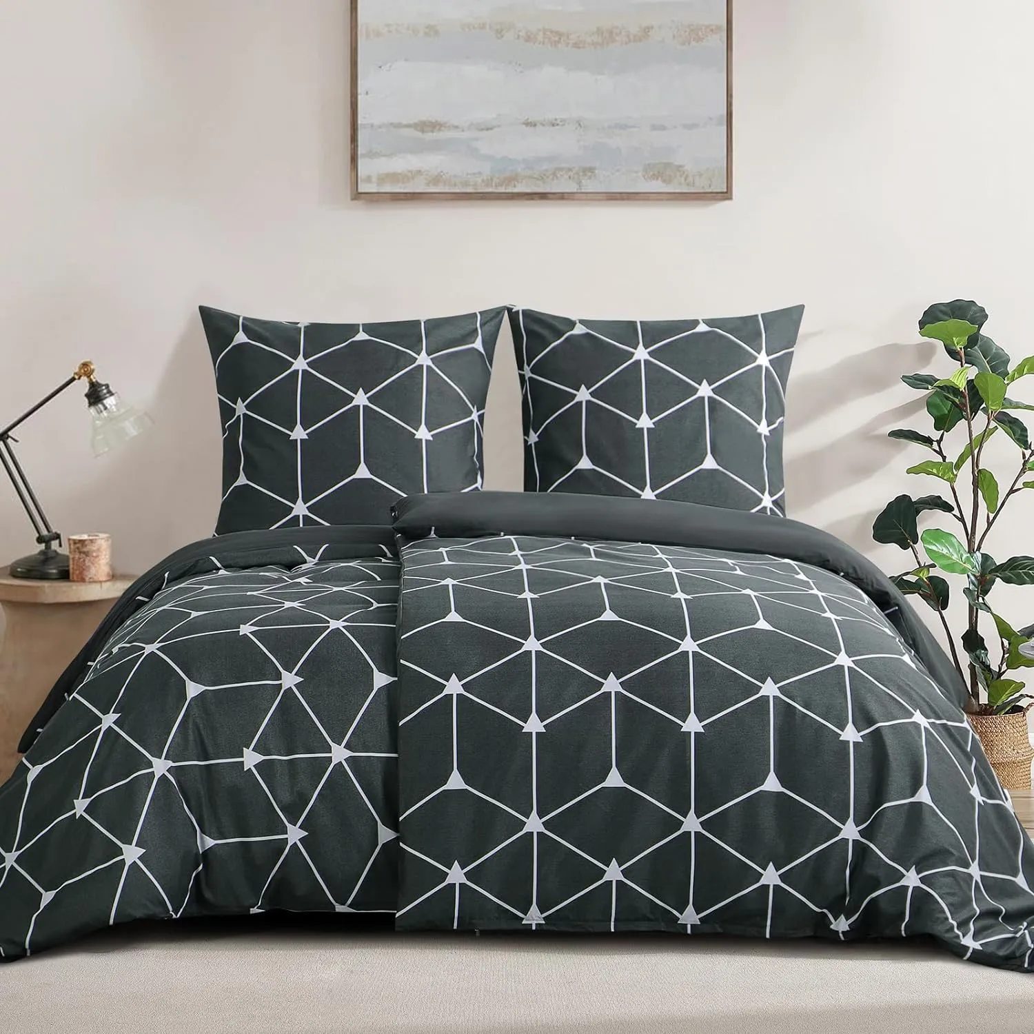 Bild von RUIKASI 4-teiliges Bettwäsche Set in Anthrazit mit geometrischem Muster, 135 x 200 cm aus mikrofaser, weich und bügelfrei