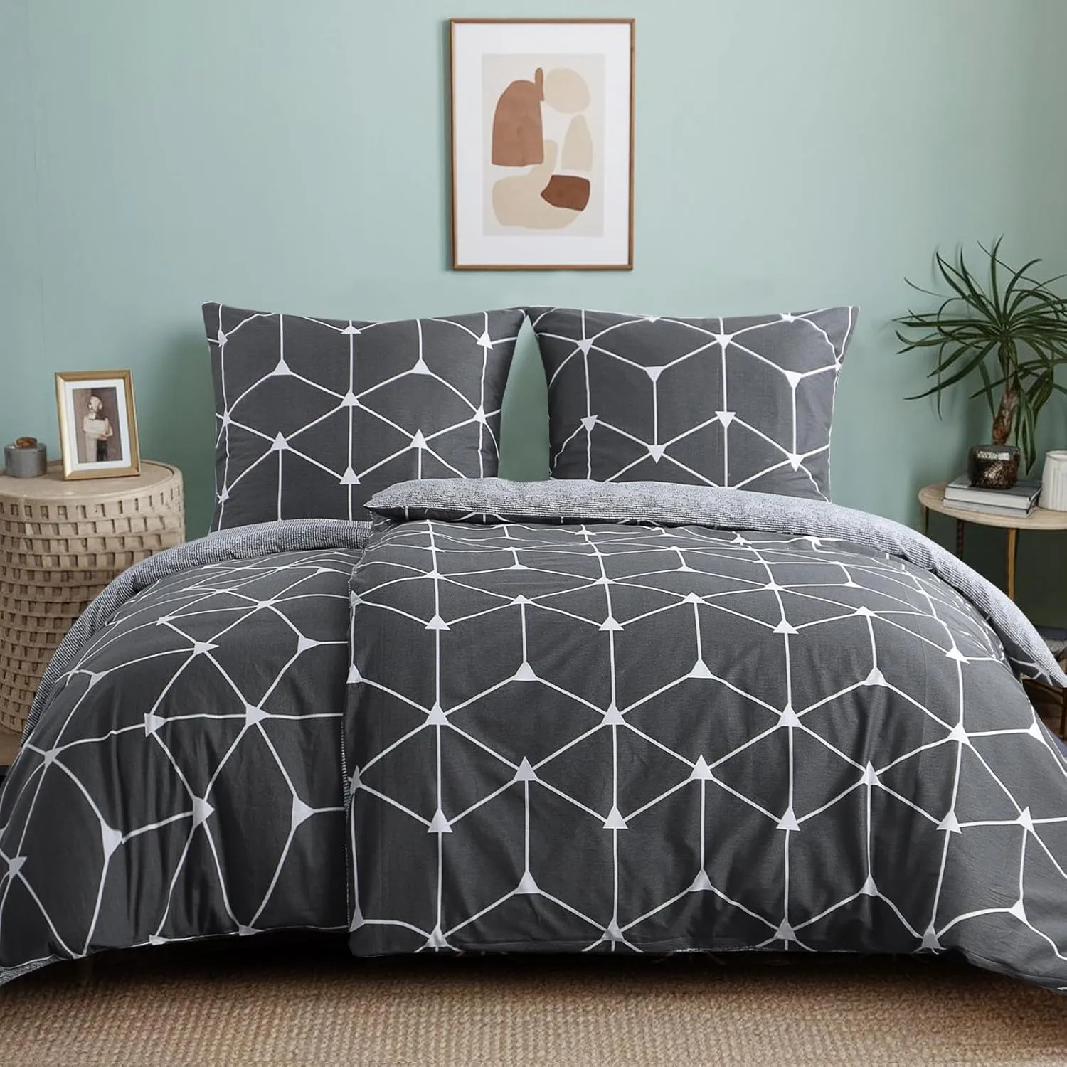 Bild von RUIKASI 4-teiliges Bettwäsche Set in Anthrazit mit geometrischem Muster, Baumwolle 135 x 200 cm und Reißverschluss