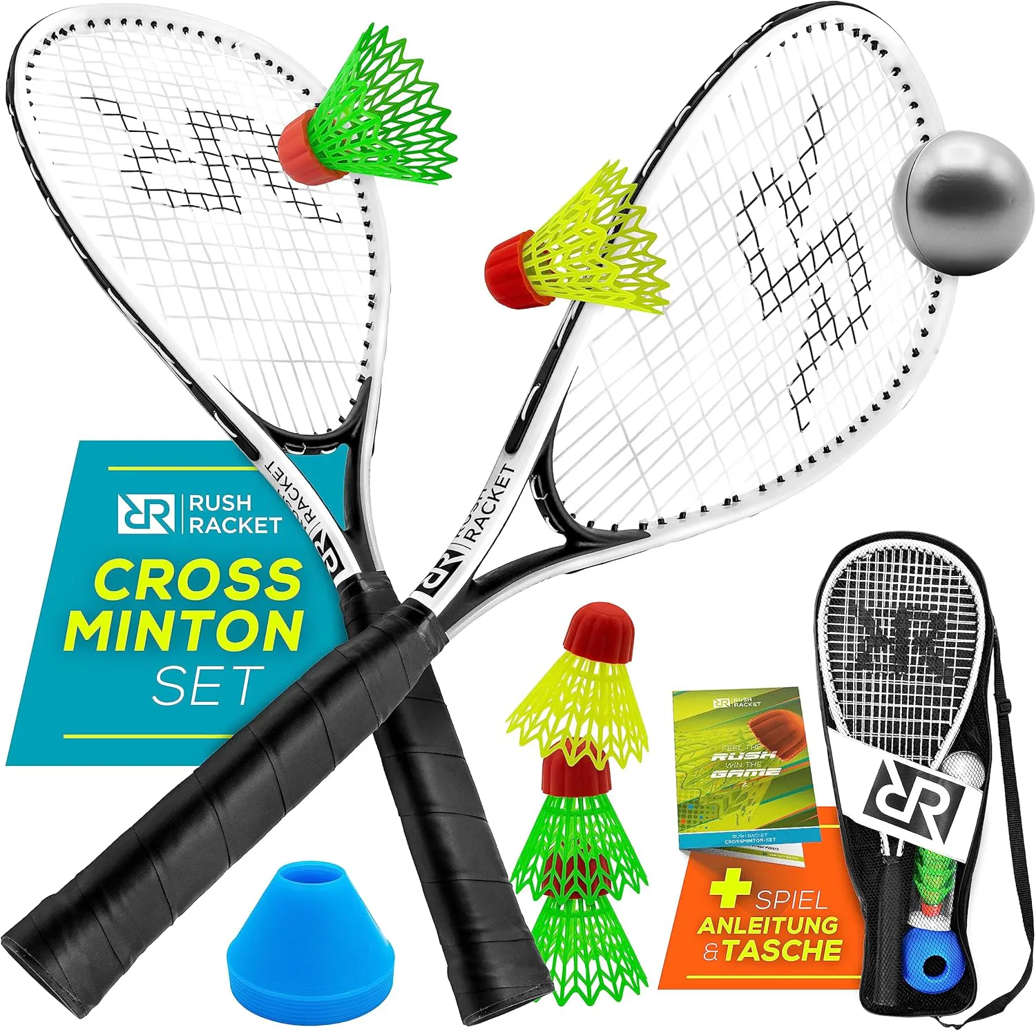 Bild von Rush Racket Set RS3 Speed mit 5 Teilen, inklusive 2 Schlägern, 5 Federbällen, einem Softball, 8 Feldmarkierungen und einer Tragetasche