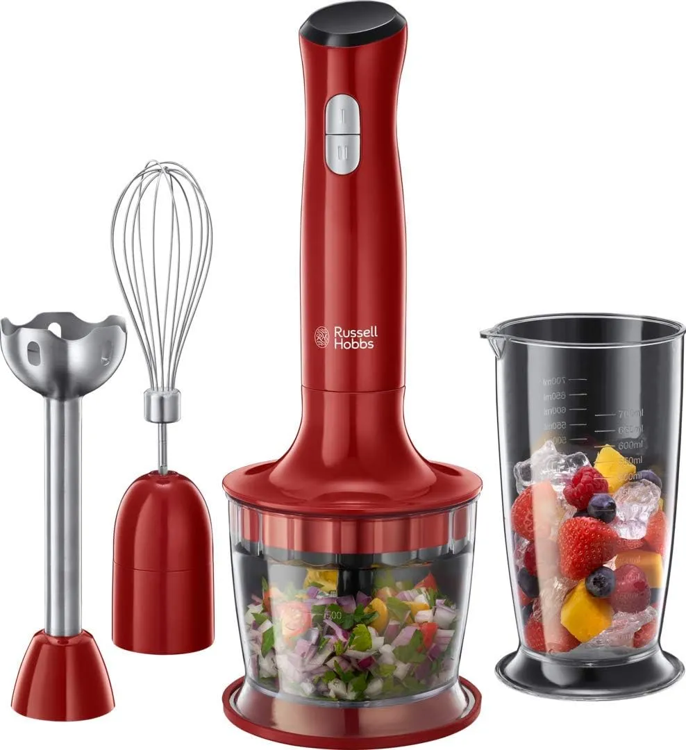 Bild von Russell Hobbs 24700-56 3-in-1 Stabmixer in Rot mit Pürierstab, Zerkleinerer und Mixeraufsatz, spülmaschinenfest und BPA-frei