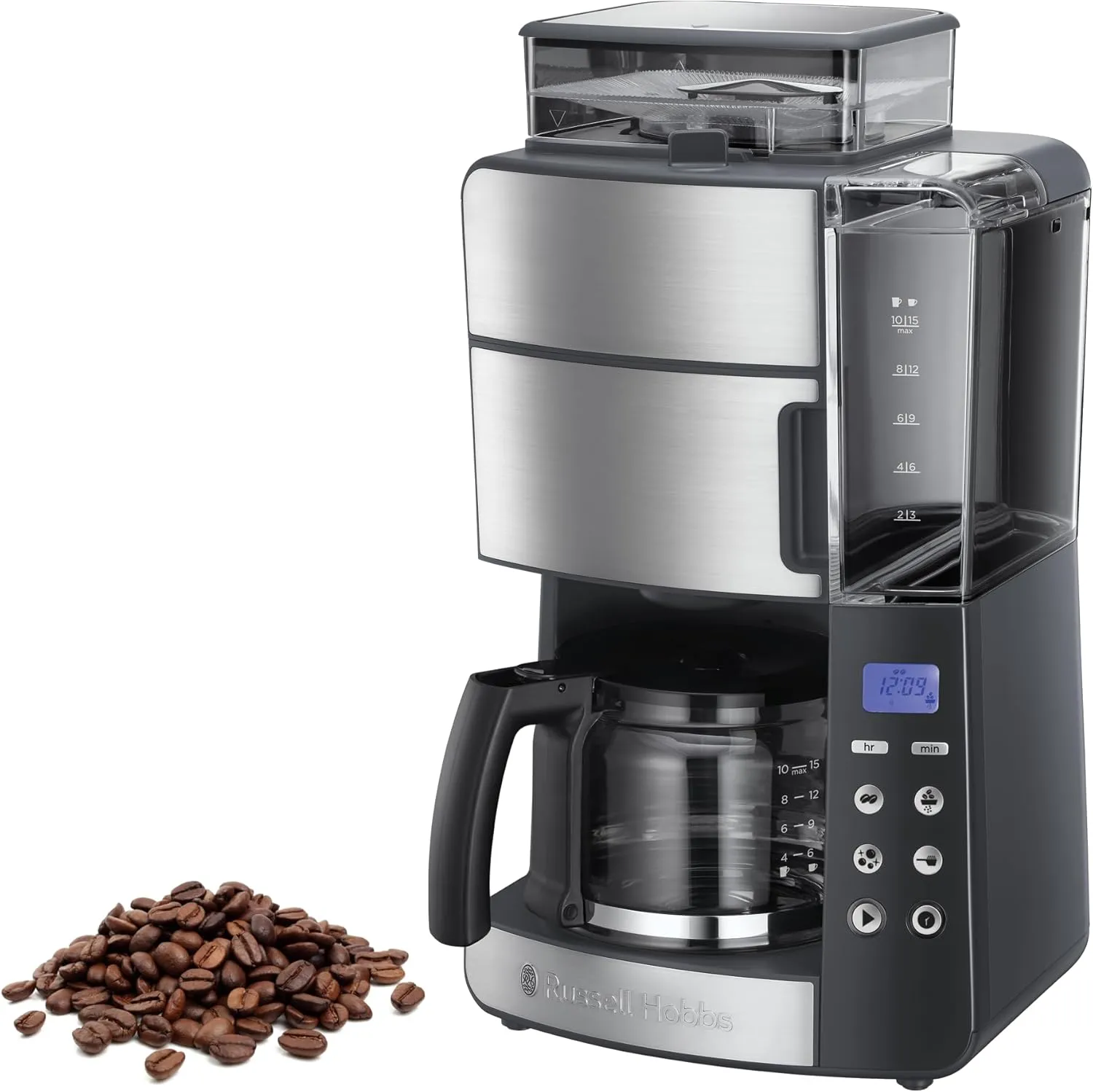 Bild von Russell Hobbs Grind&Brew Kaffeemaschine mit Glaskanne und digitalem Timer, für bis zu 10 Tassen und 3-stufige Mahlgradeinstellung, Modell 25610-56