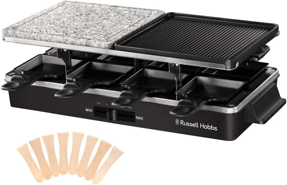Bild von Russell Hobbs Raclette Grill für 8 Personen mit 8 Pfännchen, Holzspachtel und 2 Tischgrillplatten in Schwarz, Modell 26280-56