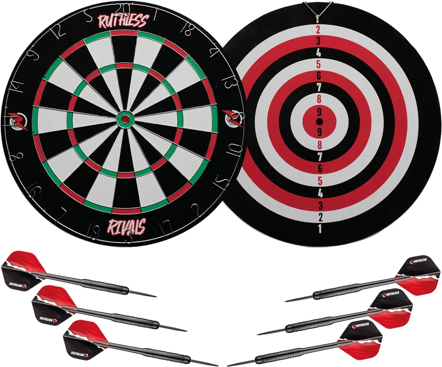 Bild von Ruthless Rivals Dartboard Spiel für die Familie mit doppelseitiger Dartscheibe und zwei Dartsets, Artikelnummer DB074