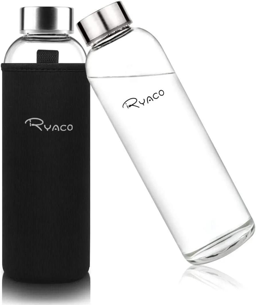 Bild von Ryaco Glas Trinkflasche Set mit 1 Liter, 750 ml und 550 ml Flasche, inklusive Neoprenhülle und Schraubverschluss, spülmaschinenfest für kohlensäurehaltige Getränke