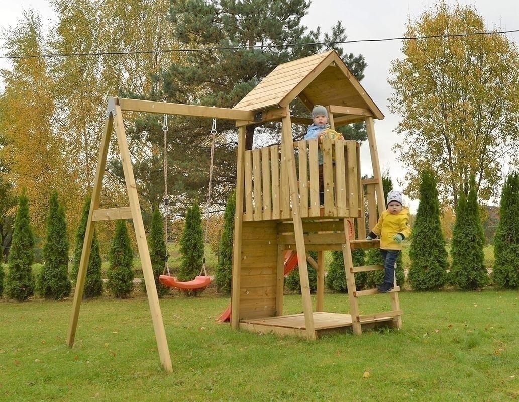 Bild von Spielplatz aus Holz mit 175 cm Rutsche und Sandkasten Kinderschaukeln
