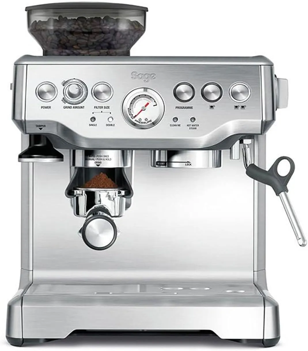 Bild von Sage Barista Express Espressomaschine aus gebürstetem Edelstahl mit manuellem Milchaufschäumer