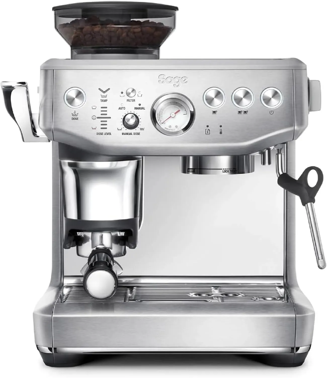 Bild von Sage Barista Express Impress Kaffeevollautomat aus gebürstetem Edelstahl mit manuellem Milchaufschäumer