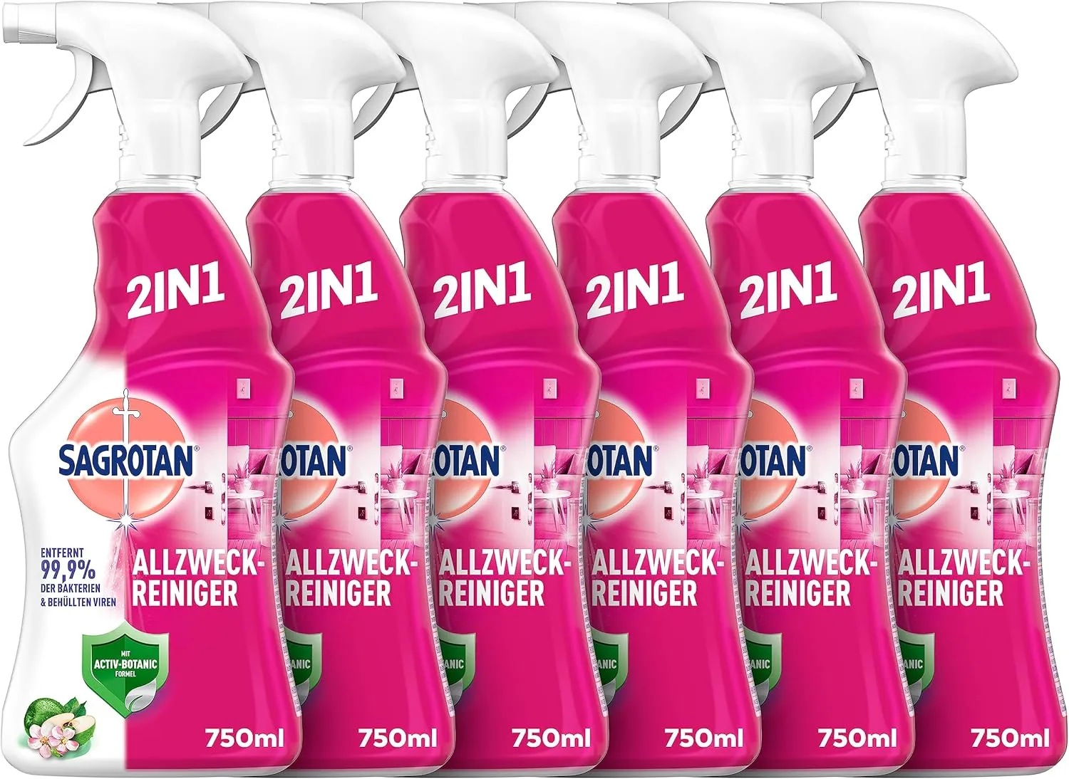 Bild von Sagrotan 2in1 Allzweck-Reiniger im 6er Pack mit 750 ml Sprühflaschen für gründliche Oberflächenreinigung und Desinfektion