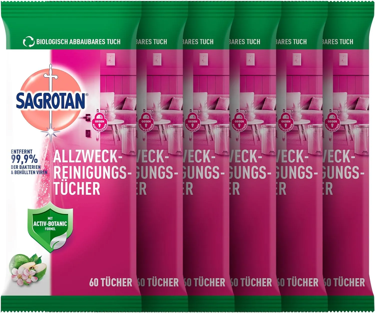 Bild von Sagrotan Allzweck-Reinigungstücher Granatapfel und Limette im 6er Pack mit 60 Feuchttüchern in wiederverschließbarer Verpackung