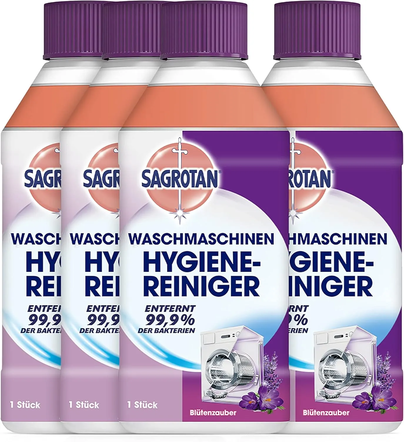 Bild von Sagrotan Blütenzauber Waschmaschinenreiniger im 4er Pack mit je 250 ml für hygienische Sauberkeit