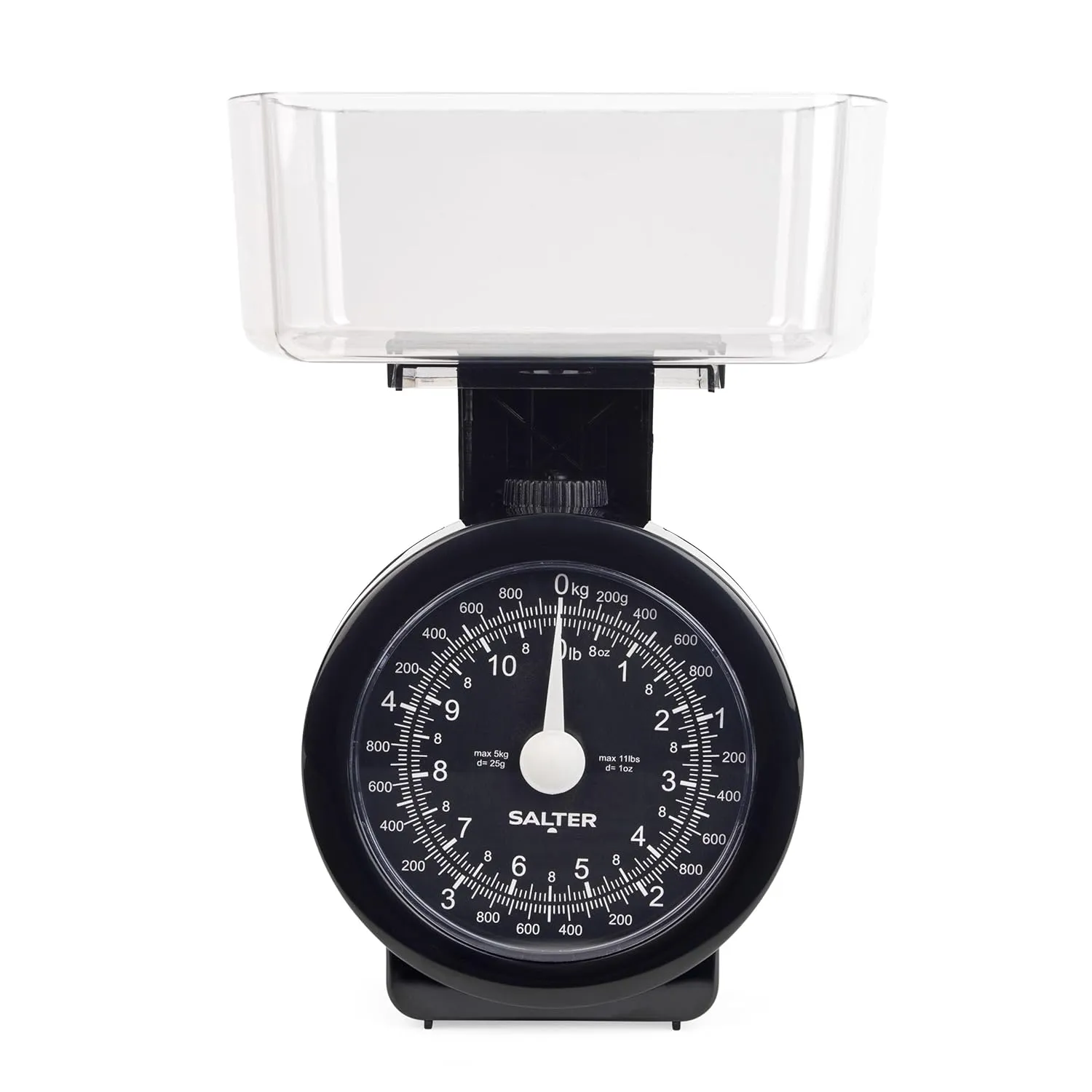 Bild von Salter 114 BKCLDR mechanische Küchenwaage mit maximal 5 kg und spülmaschinenfester Schüssel in Schwarz, inklusive Zuwiegefunktion und gut lesbarem Zifferblatt