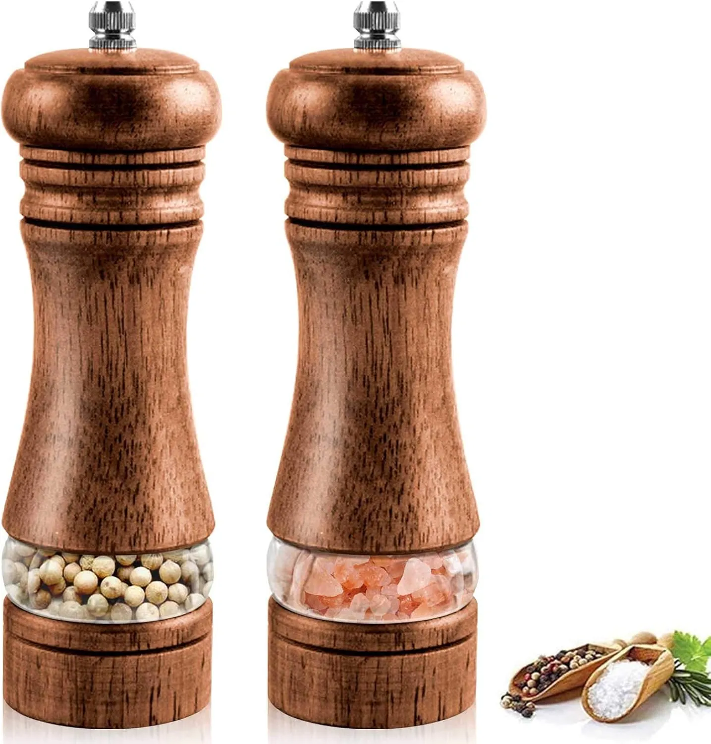 Bild von Salz und Pfeffermühle 2er Set aus Holz mit verstellbarem Keramikmahlwerk und Acrylfenster, manuell, 16,5 cm