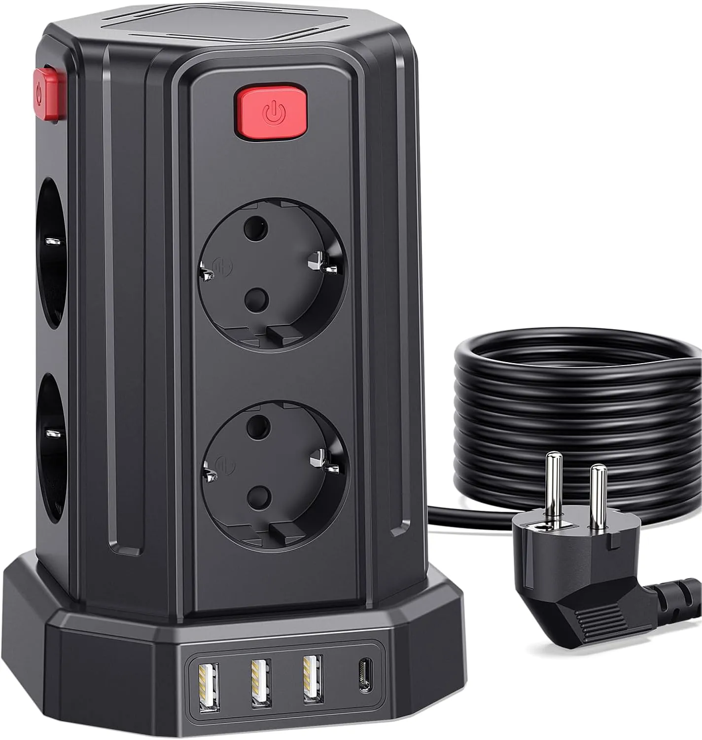 Bild von Sameriver 8-fach Steckdosenleiste mit 4 USB-Anschlüssen und Überspannungsschutz, inkl. Schalter und 3 Meter Verlängerungskabel
