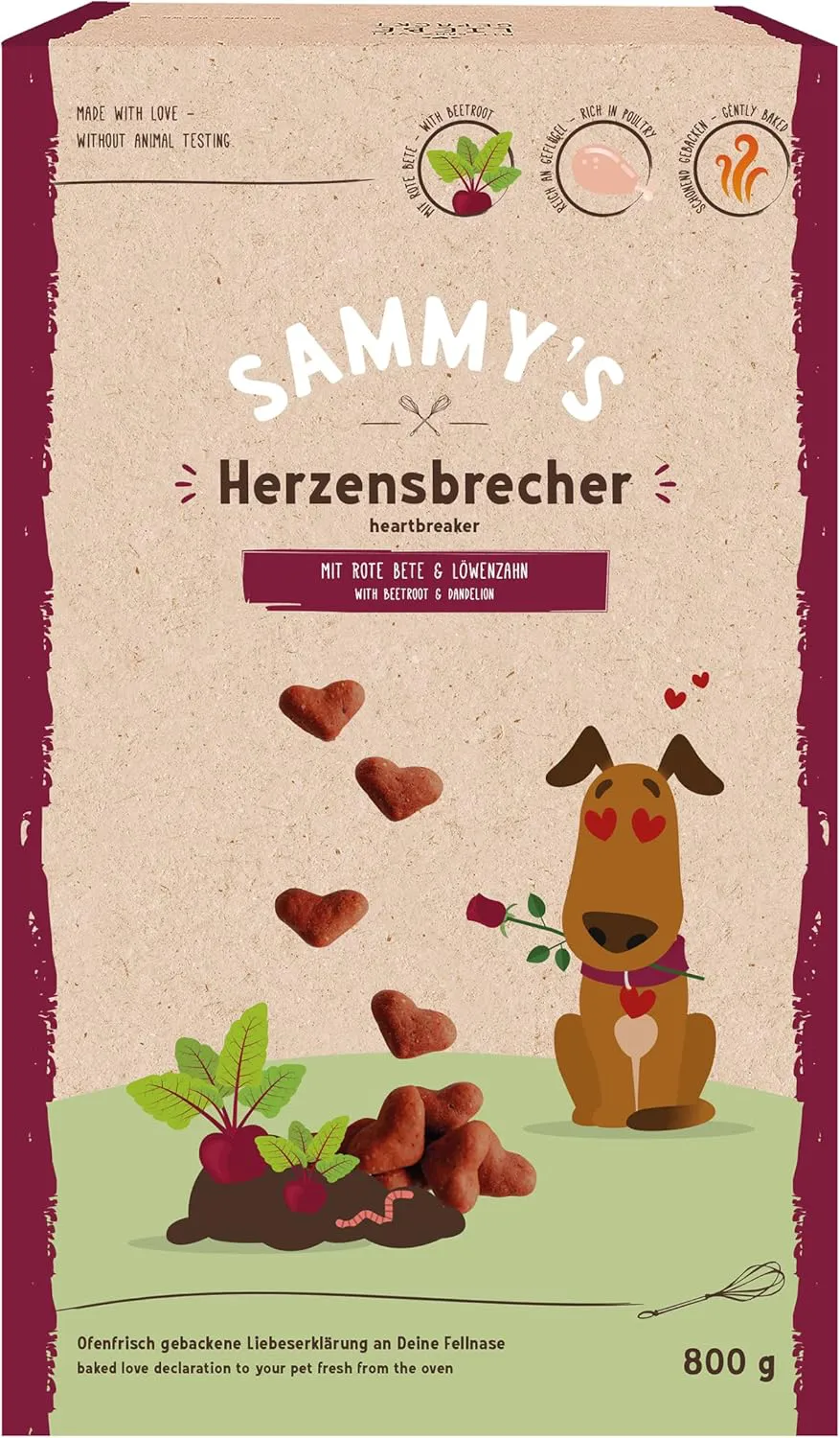 Bild von Sammy's Herzensbrecher Hundenahrung mit Rote Bete und Löwenzahn in 800 Gramm Verpackung