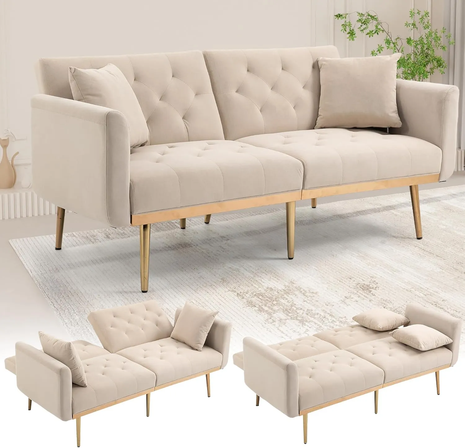 Bild von Samt Sofa im Mid Century Modern Stil in Beige, umwandelbar zum Futon-Bett, mit getufteter Oberfläche, goldenen Metallbeinen und 2 Kissen