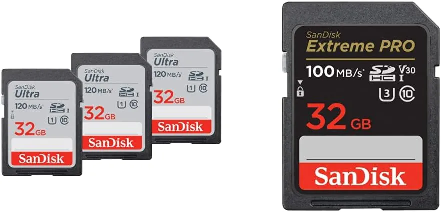 Bild von SanDisk 32 GB Ultra und Extreme PRO SDHC Speicherkarte im 3er-Pack mit UHS-I und 100 MB/s Übertragungsgeschwindigkeit, geeignet für 4K UHD Videos