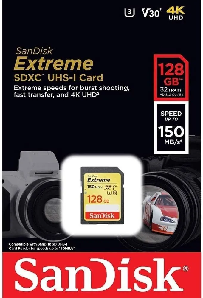 Bild von SanDisk Extreme SDXC Speicherkarte mit 128 GB und einer Geschwindigkeit von bis zu 150 MB/s