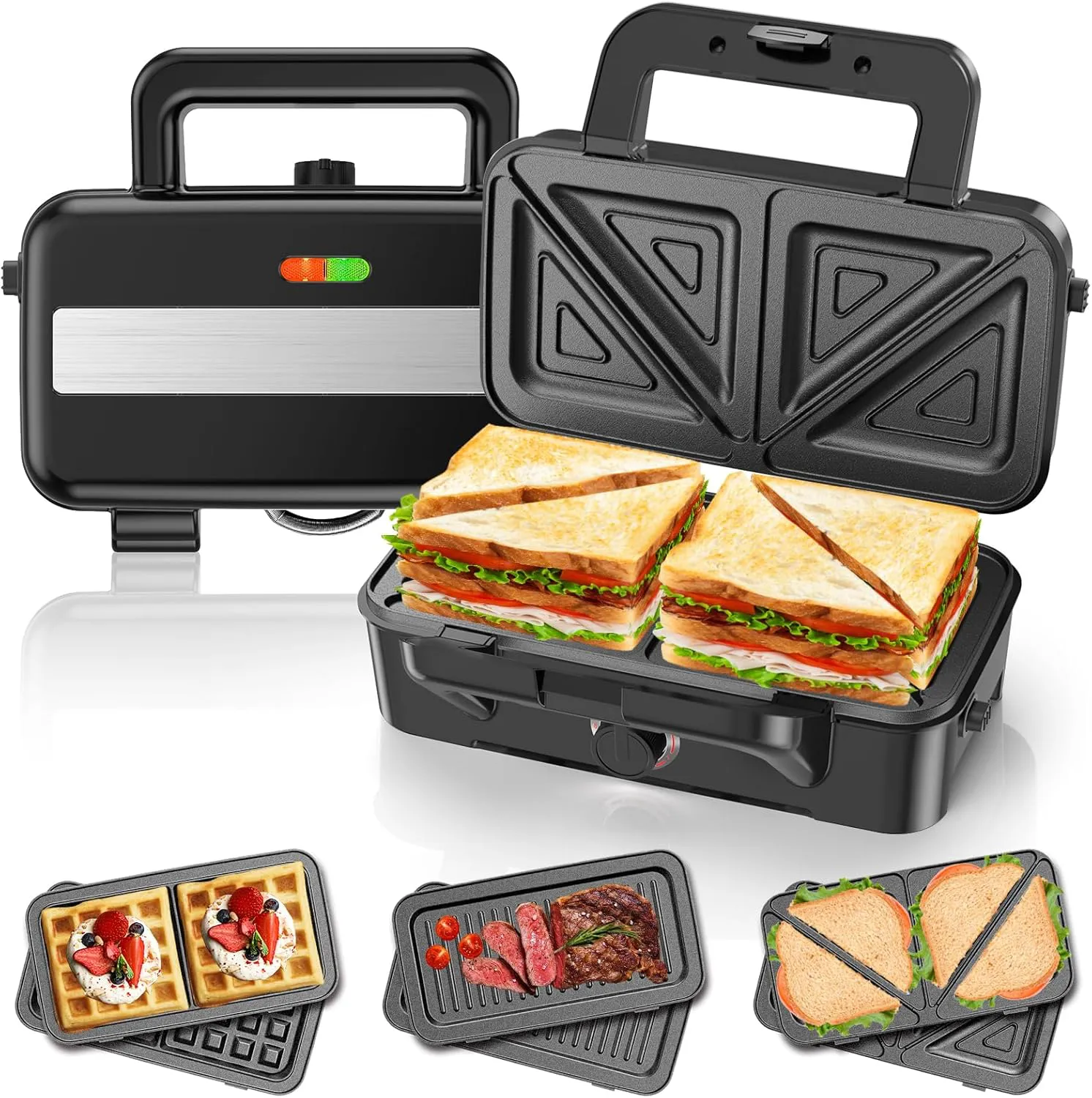 Bild von Sandwichmaker 3 in 1 mit 1200 Watt und 5-stufiger Temperaturregelung, inklusive Antihaftplatten für Sandwiches, Waffeln und Fleisch
