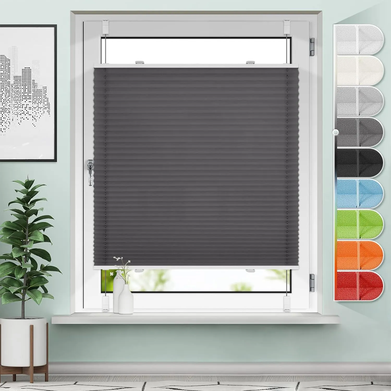 Bild von Sanfree Plissee Rollo in Anthrazit mit den Maßen 45 x 100 cm, ohne Bohren, blickdicht und lichtdurchlässig, inklusive Klemmträger für Fenster und Tür.