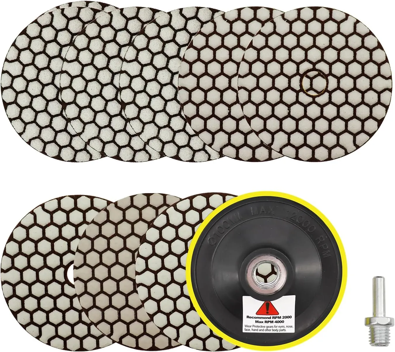 Bild von SANLEETEK Trocken Diamant Polierpad Set mit 8 Stück, 100 mm, verschiedene Körnungen und M14 Stützteller für Winkelschleifer