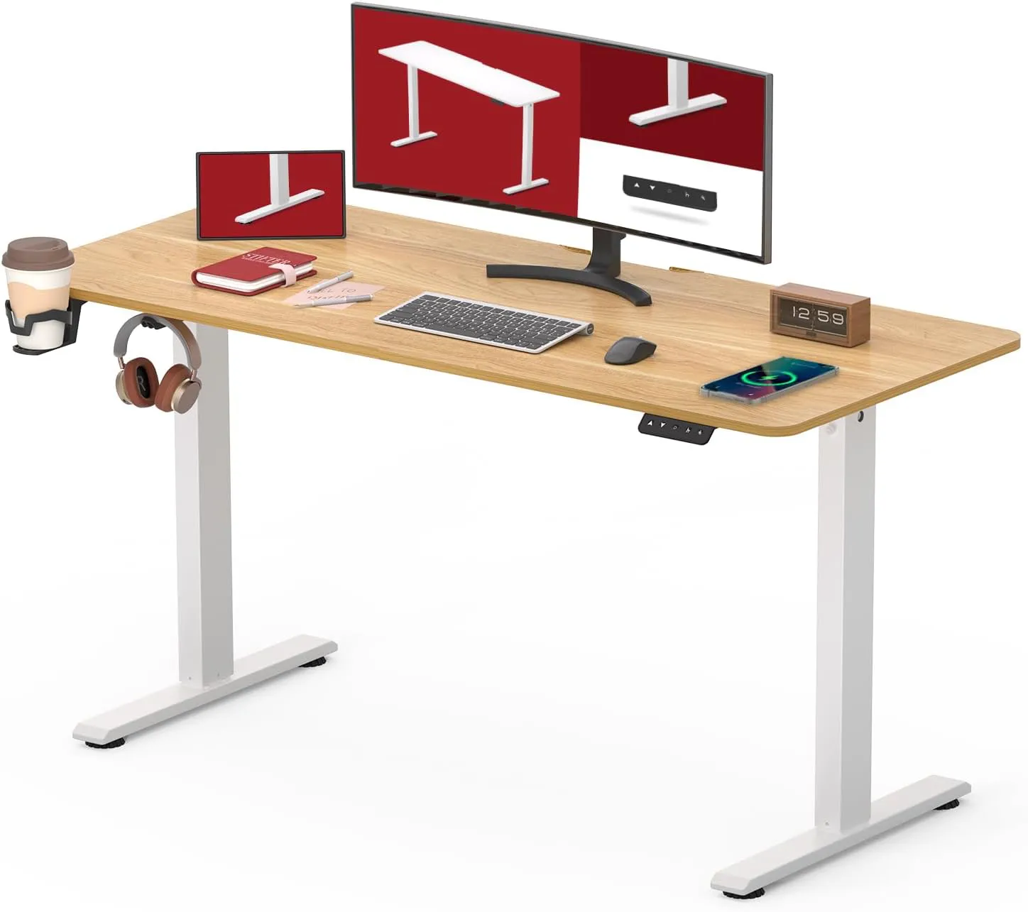 Bild von SANODESK Höhenverstellbarer Schreibtisch 110 x 60 cm in Ahorn mit kompletter Tischplatte für ergonomisches Arbeiten im Homeoffice