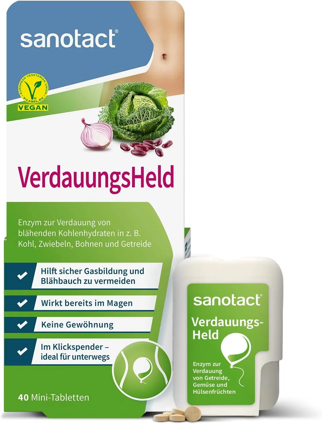 Bild von sanotact VerdauungsHeld mit 40 Mini-Tabletten zur Unterstützung der Verdauung bei Blähbauch und Völlegefühl im praktischen Klickspender
