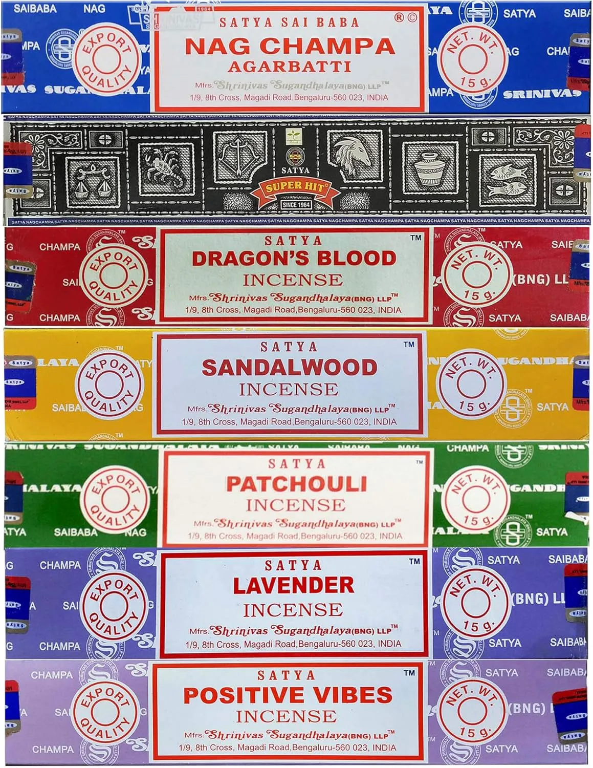 Bild von Satya Räucherstäbchen Geschenkset mit 15 g in den Düften Nag Champa, Super Hit, Drachenblut, Sandelholz, Patchouli und Lavendel