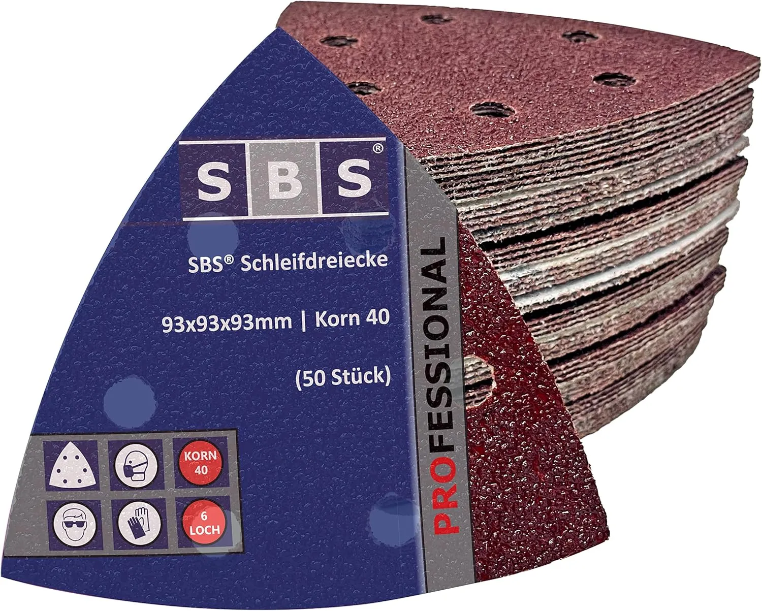 Bild von SBS Professional Schleifdreiecke 93x93 mm, 50 Stück, 6 Loch, Korn 40 für Delta-Schleifer