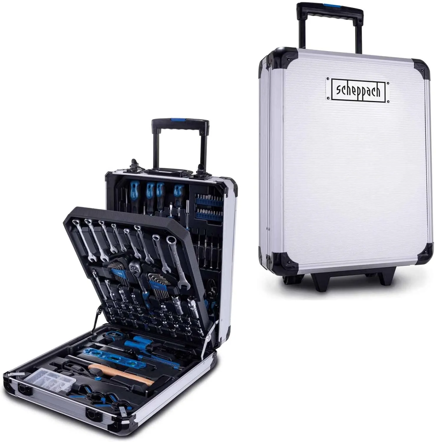 Bild von Scheppach 187tlg Werkzeugkoffer WZT187 mit fahrbarem Aluminiumtrolley, ausziehbarem Griff und umfangreichem Zubehör