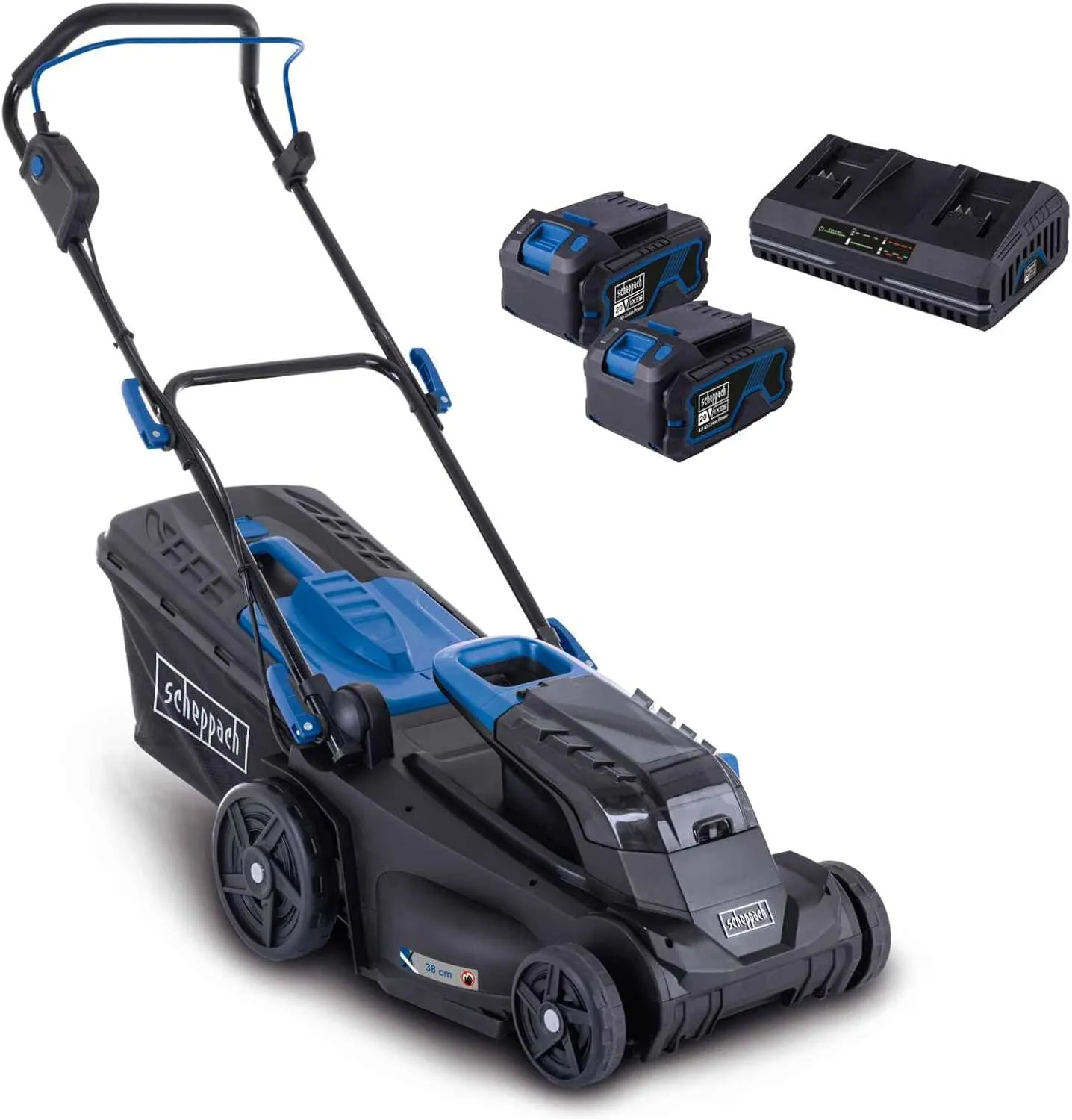 Bild von Scheppach Akku-Rasenmäher BC-MP380-X mit 38 cm Schnittbreite und 20V Brushless Motor, geeignet für Flächen von 450 bis 500 m², inklusive zwei 4 Ah Akkus und Doppelladegerät