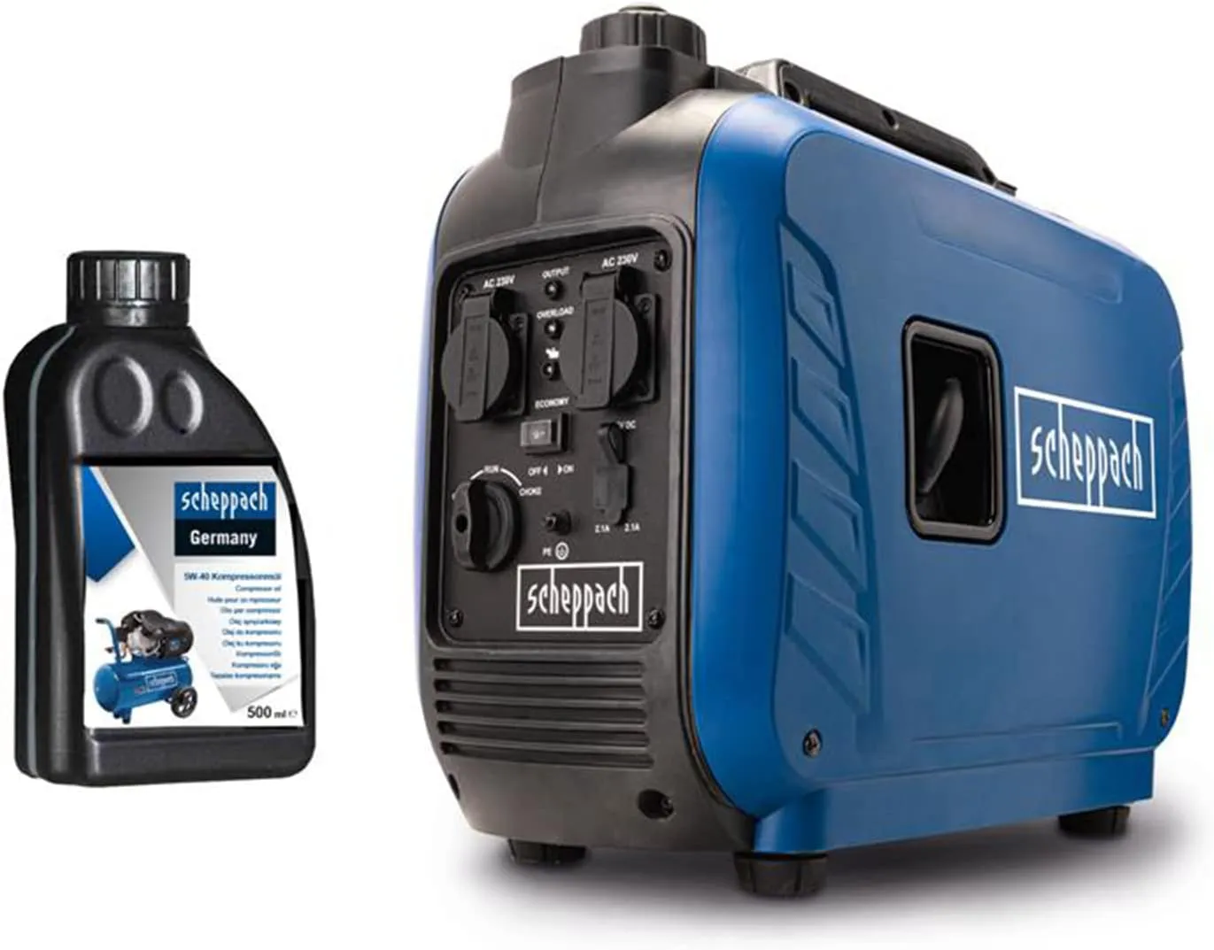 Bild von Scheppach SG2500i Inverter Benzin Stromerzeuger mit 2000 Watt Leistung, 2x 230V Steckdosen, 2x USB Typ A und 64,1 dB, inklusive Öl