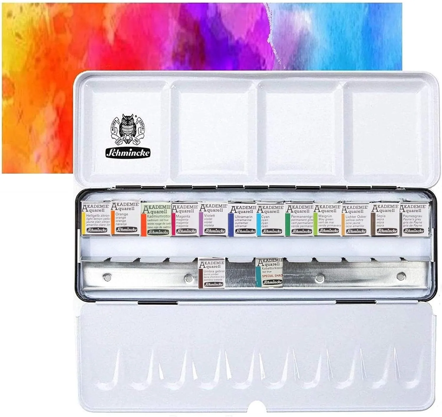 Bild von Schmincke Akademie Aquarell Farbkasten mit 14 Halbnäpfchen und Platz für 10 weitere Halbnäpfchen