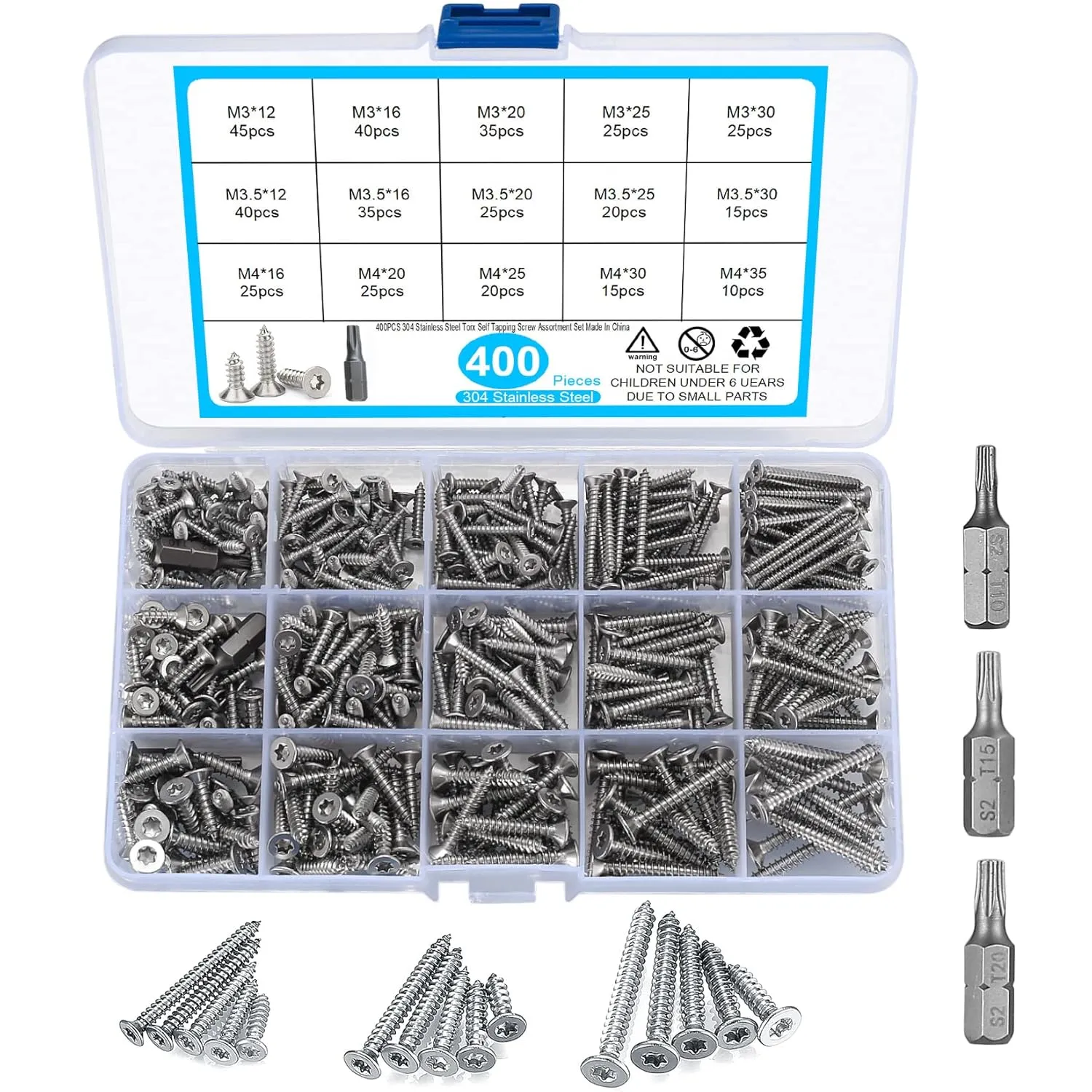 Bild von Schrauben Sortiment mit 400 selbstschneidenden Edelstahl Torx Schrauben in verschiedenen Größen und einem Bohrer