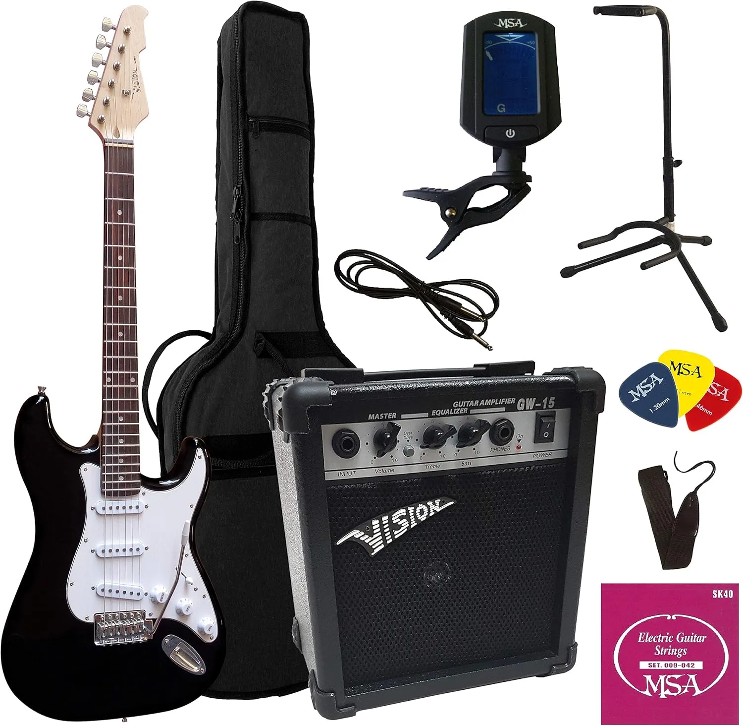 Bild von Schwarze E-Gitarre Set mit 20 Watt Verstärker, Stimmgerät, Gitarrenständer, Tasche, Band, Saiten und 3 Plektren, insgesamt 9 Teile
